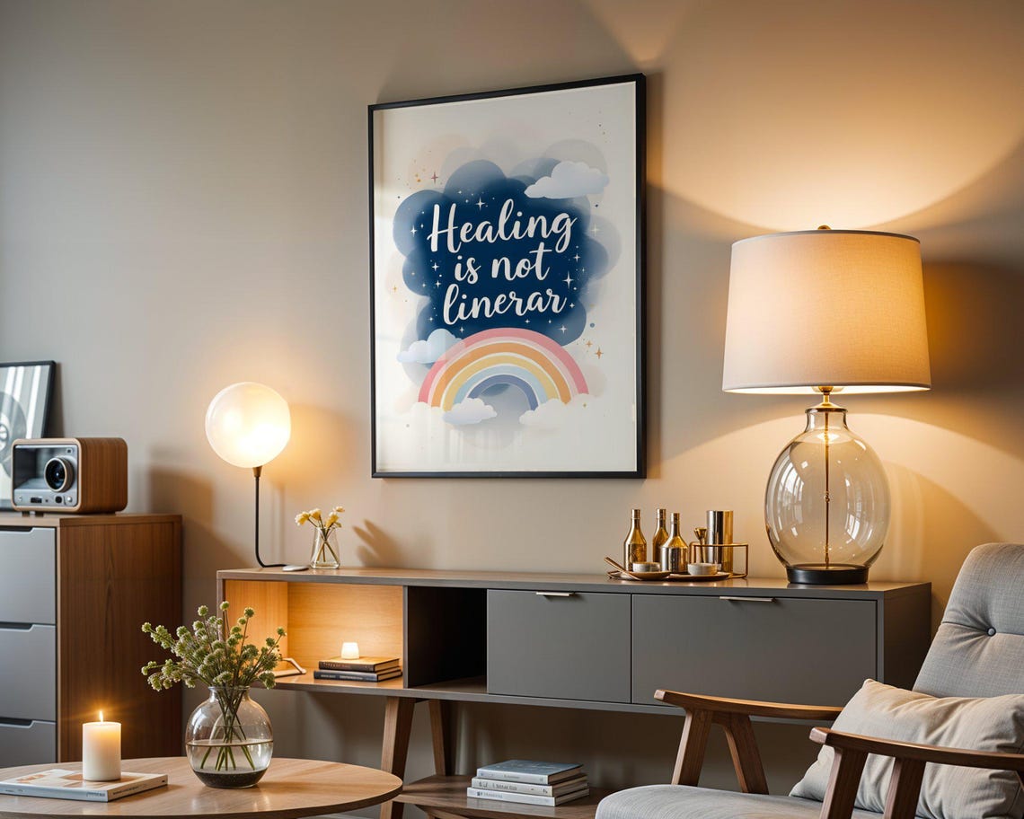 Healing Is Not Linear Inspirational Quote Art Print Rainbow And Clouds Wall Art Motivational Poster - Image 4