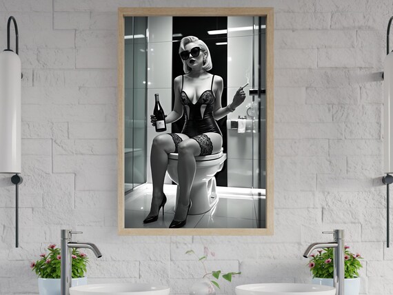 Woman in Lingerie Holding a Wine Bottle While Sitting on a Toilet Poster