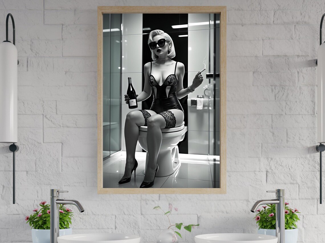 Woman in Lingerie Holding a Wine Bottle While Sitting on a Toilet Poster