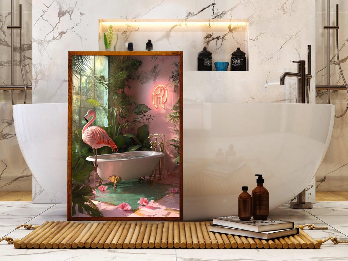 Pink Flamingo Standing in a Bathtub Under a Neon Sign Poster - Image 5