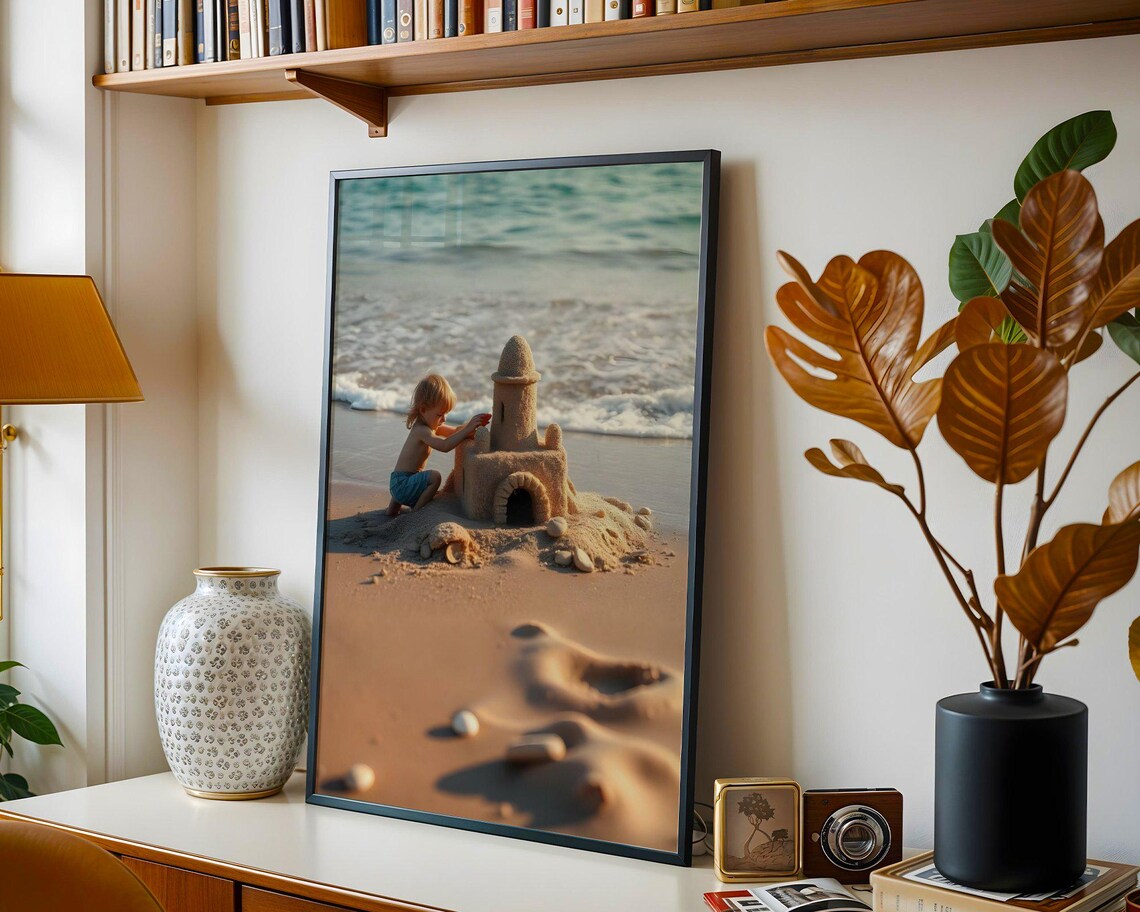 Happy Child Building A Sandcastle On The Shore At Golden Hour Poster - Image 3