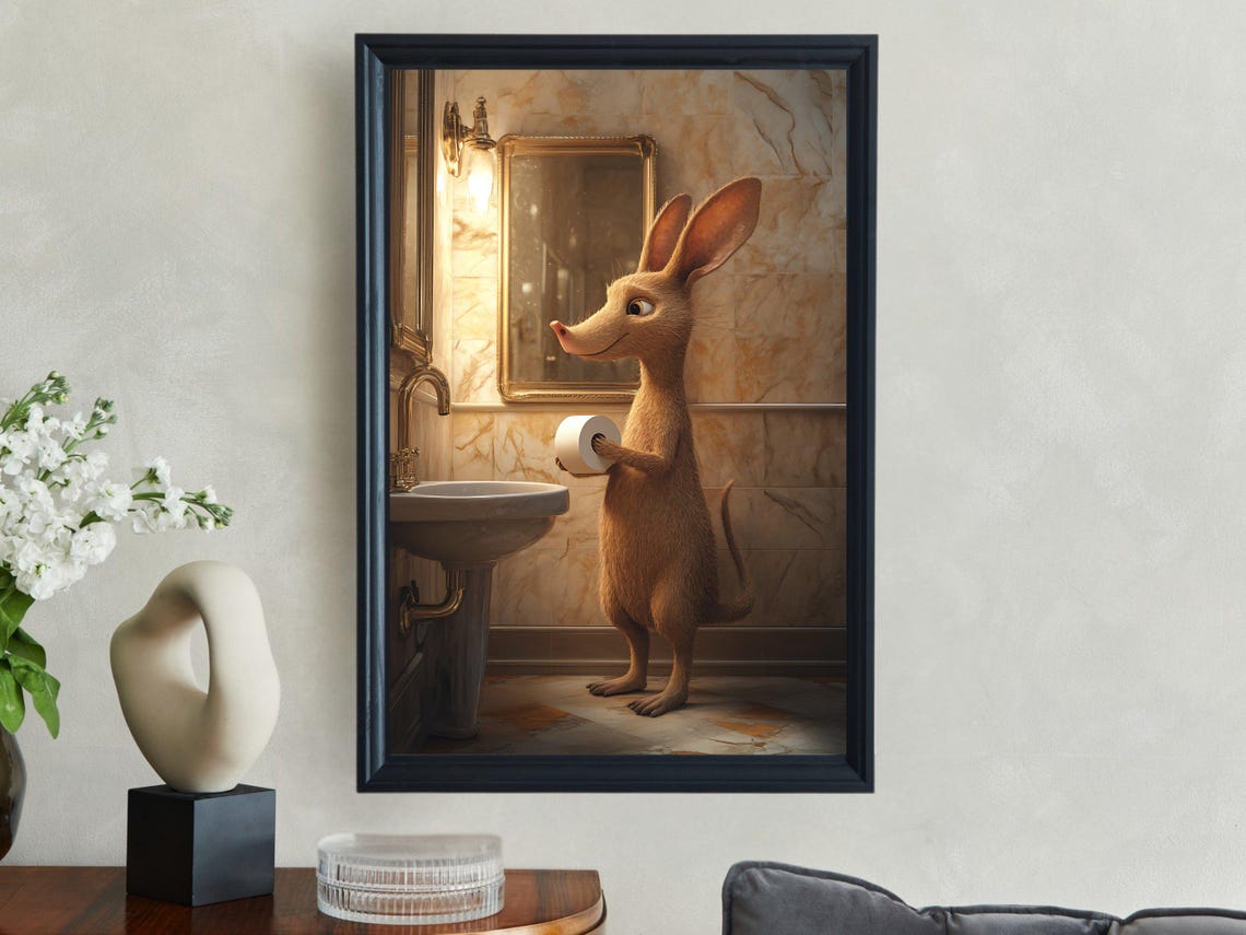Funny Kangaroo Holding Toilet Paper in Marble Bathroom Poster - Image 2