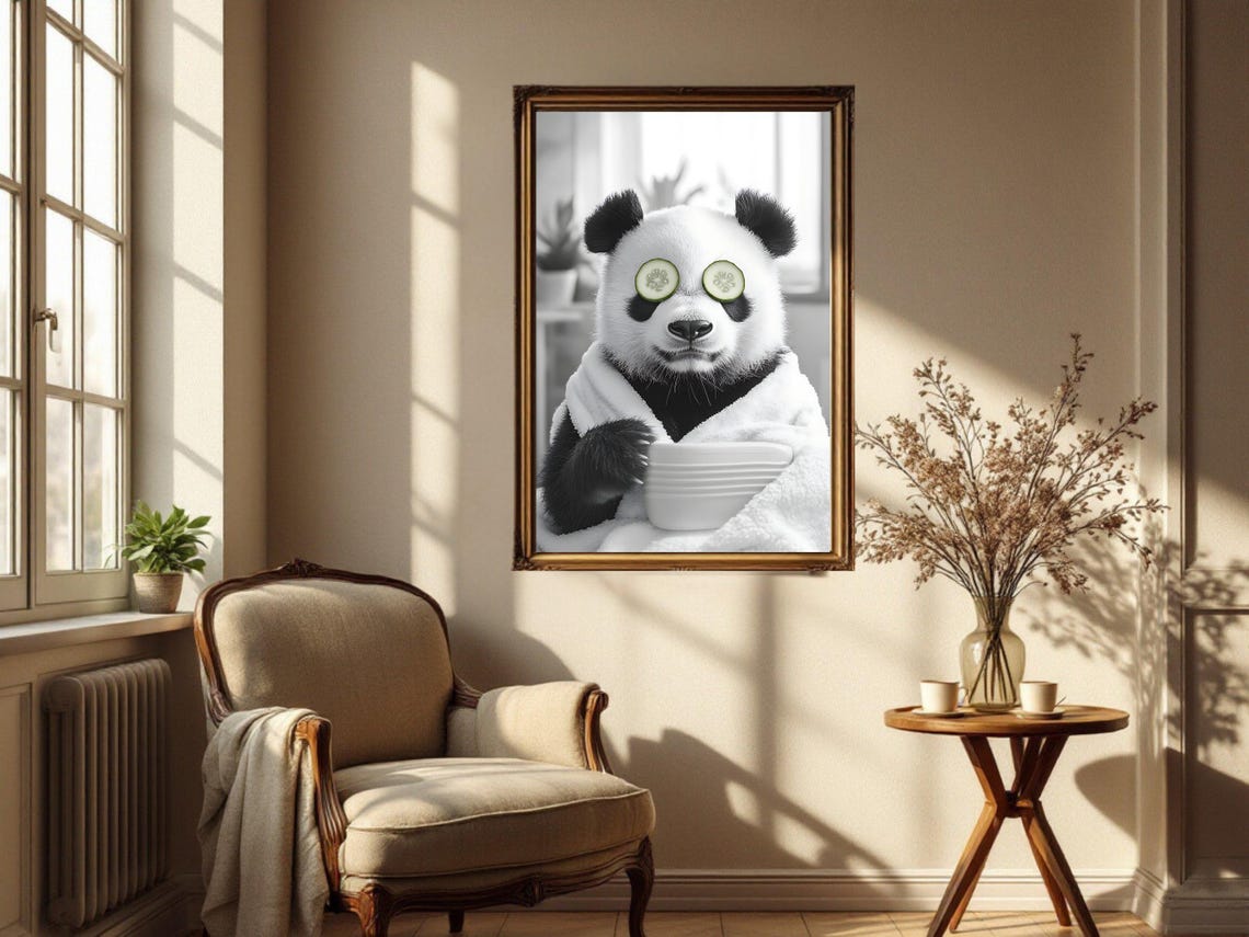 Spa Day Panda With Cucumber Slices Holding a Stack of Bowls Poster - Image 4