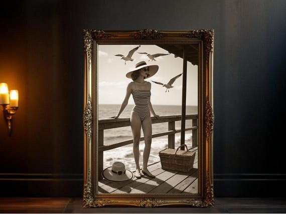 Vintage Beach Wall Art Print Seaside Retro Female Artwork Coastal Home Decor Nautical Photography Poster Ocean View Picture