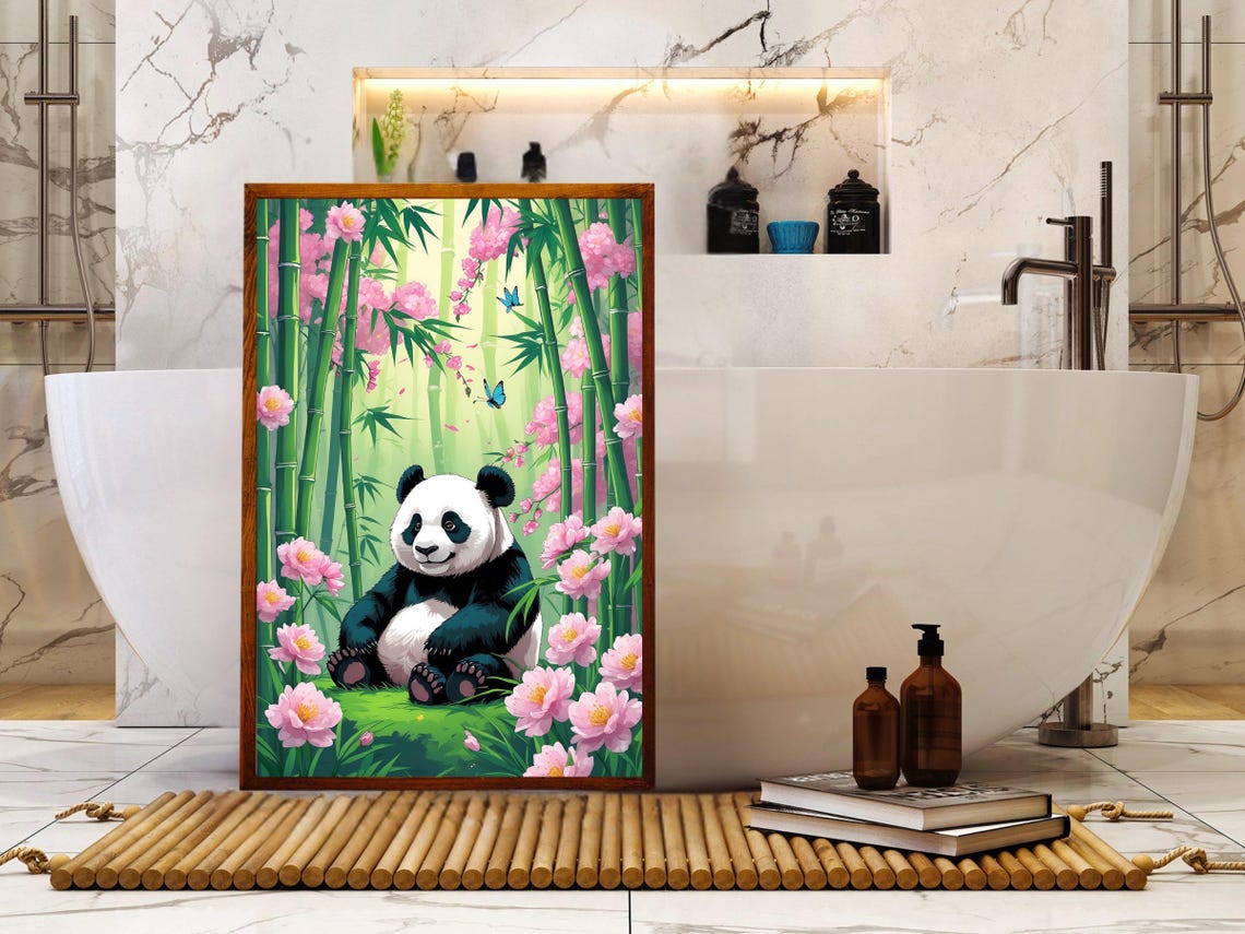 Cute Panda Bamboo Forest Cherry Blossom Nursery Room Art Print - Image 5