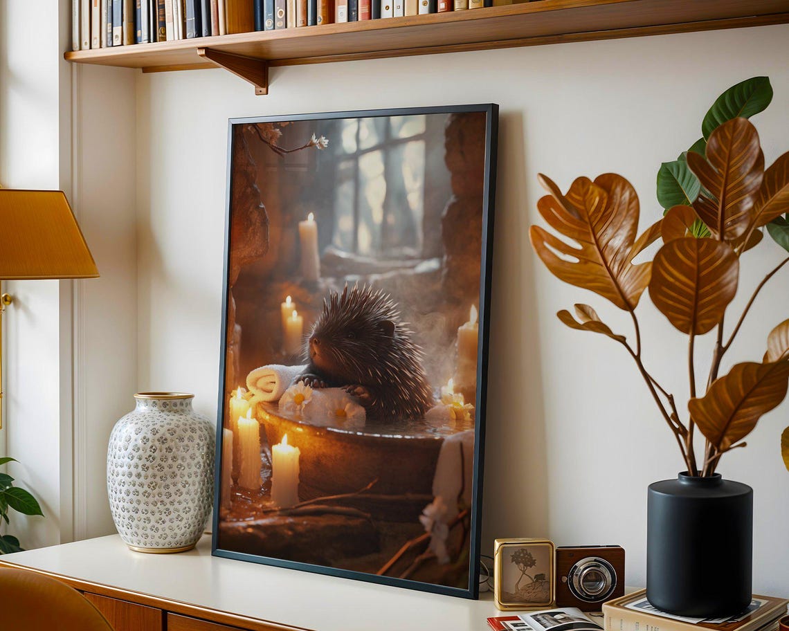 Hedgehog Relaxing in a Candlelit Stone Bath with Flowers Poster - Image 4