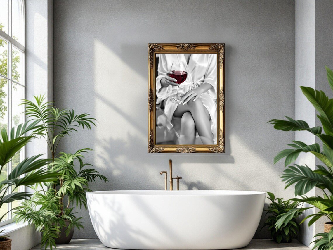 Woman in Silk Robe Holding Glass of Red Wine, B&W Photo Poster - Image 2