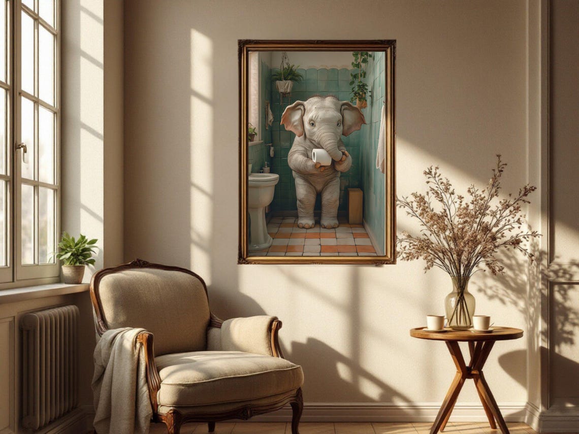 Baby Elephant Holding Toilet Paper in a Green Tiled Bathroom Poster - Image 4