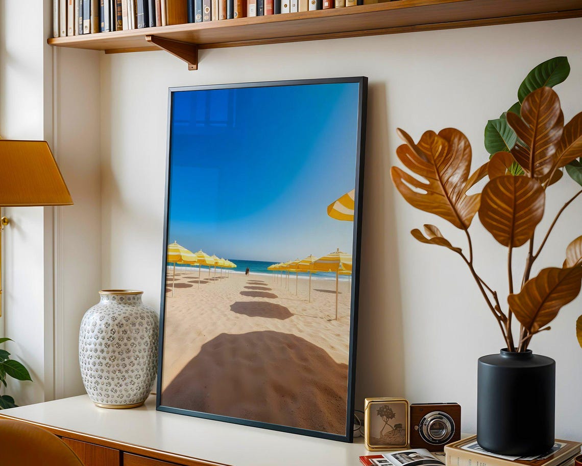 Yellow Beach Umbrellas Row on Sand Under Bright Blue Sky Poster - Image 3