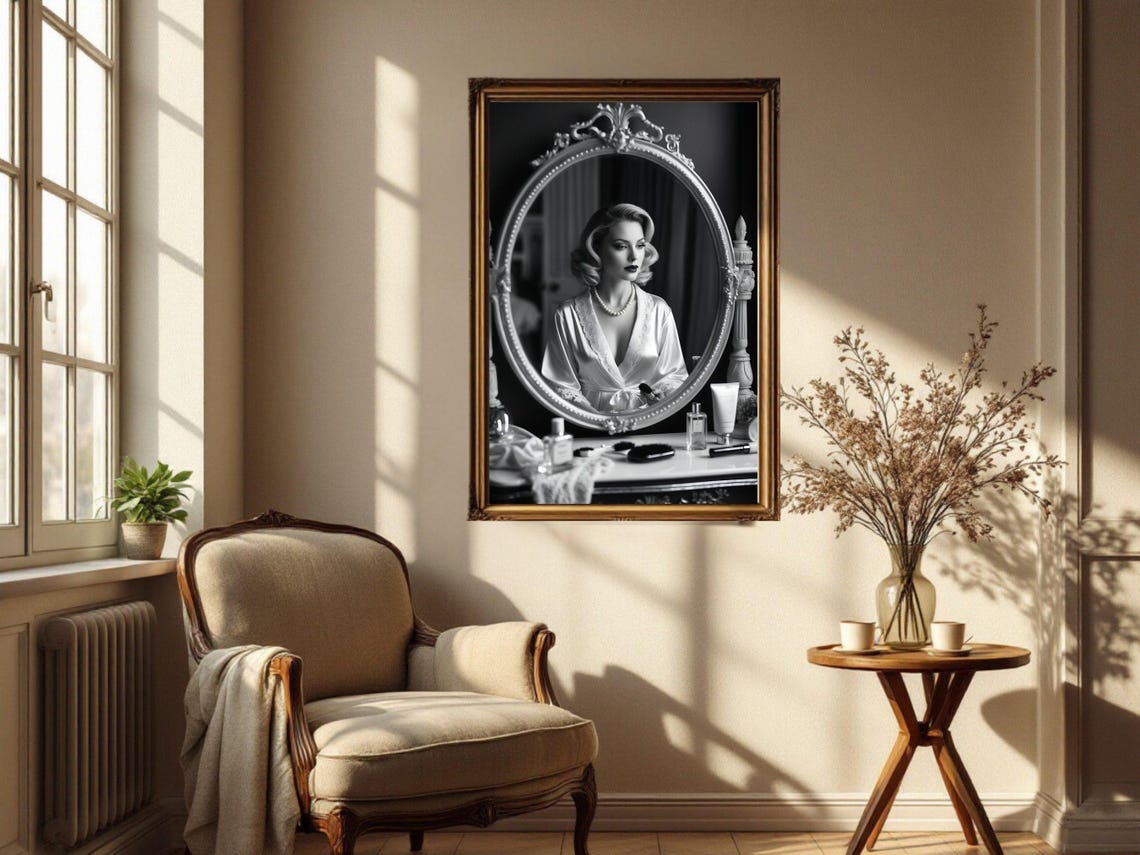 Woman in Silk Robe Reflected in Ornate Oval Vanity Mirror Poster - Image 2