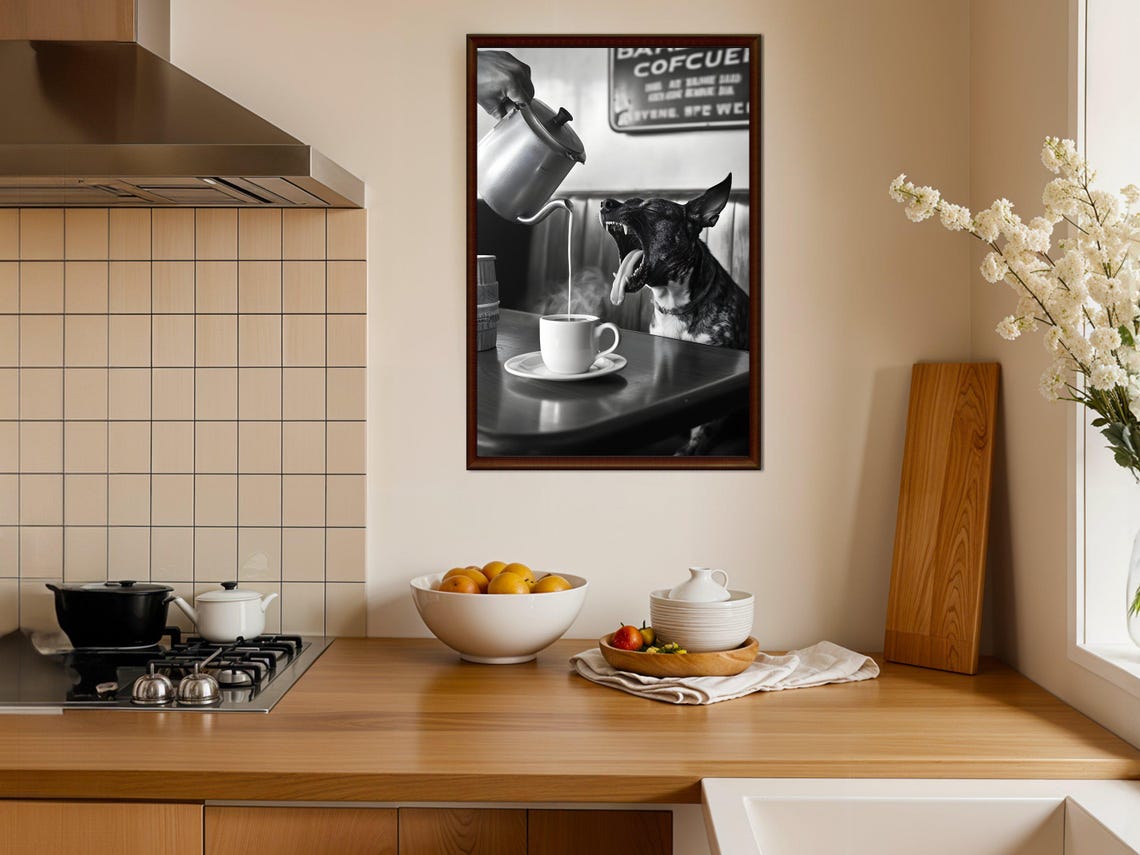 Funny Dog Yawning at the Coffee Shop Humorous Black and White Poster - Image 4