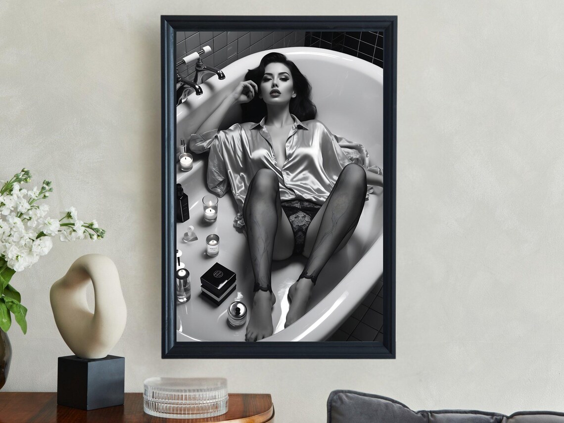 Woman in a Satin Shirt Reclining in a Bathtub With Candles Poster - Image 4