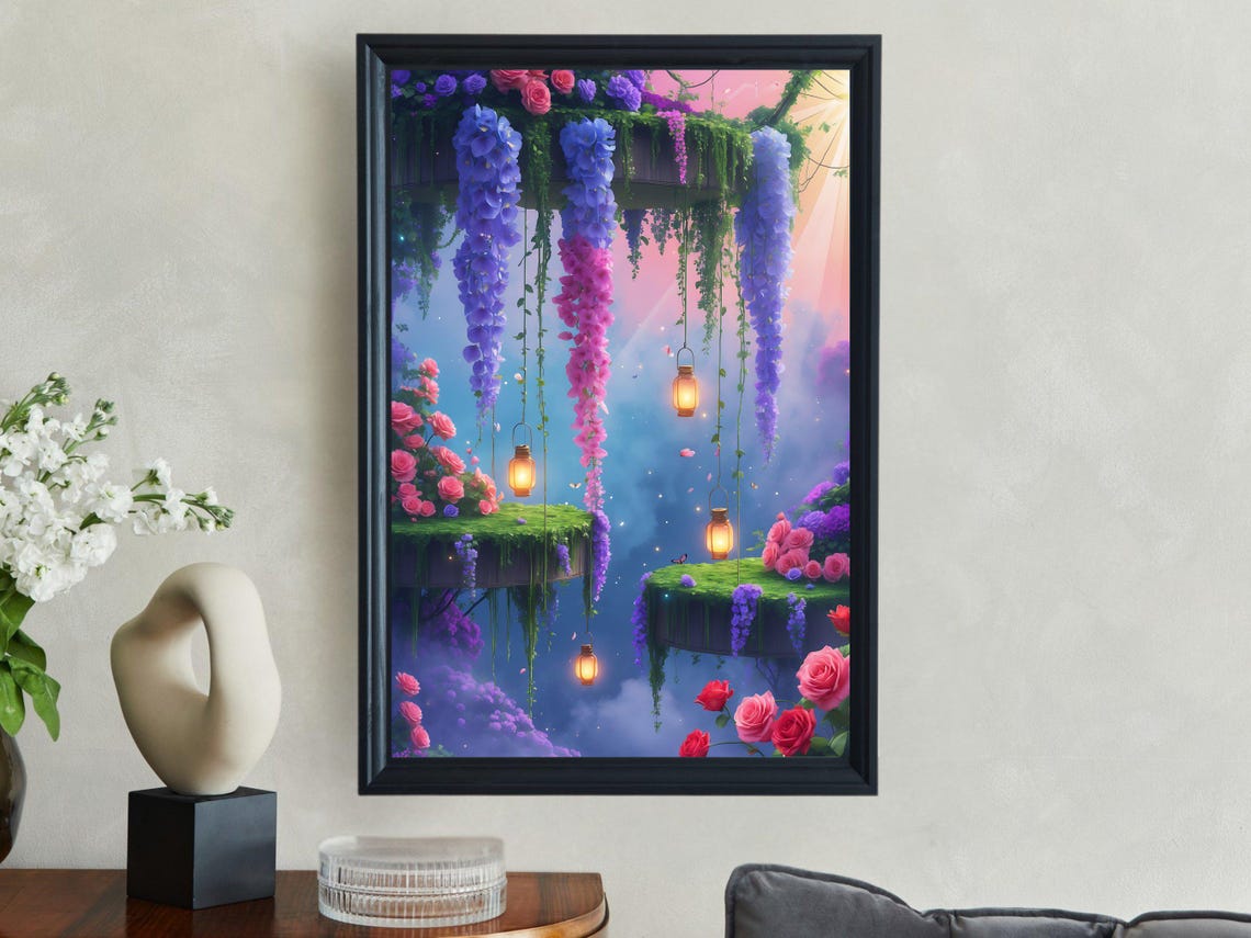 Fantasy Hanging Garden With Wisteria Roses And Glowing Lanterns Poster