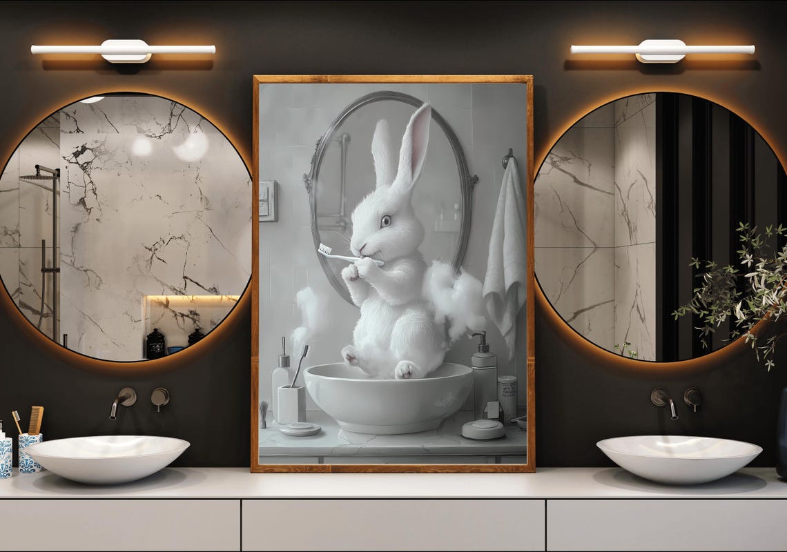 White Bunny Brushing Teeth In Bathroom Sink Animal Art Poster - Image 3