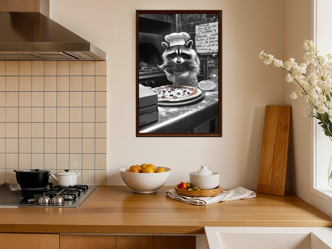 Funny Raccoon Pizza Chef in the Pizzeria Black and White Kitchen Poster - Image 4