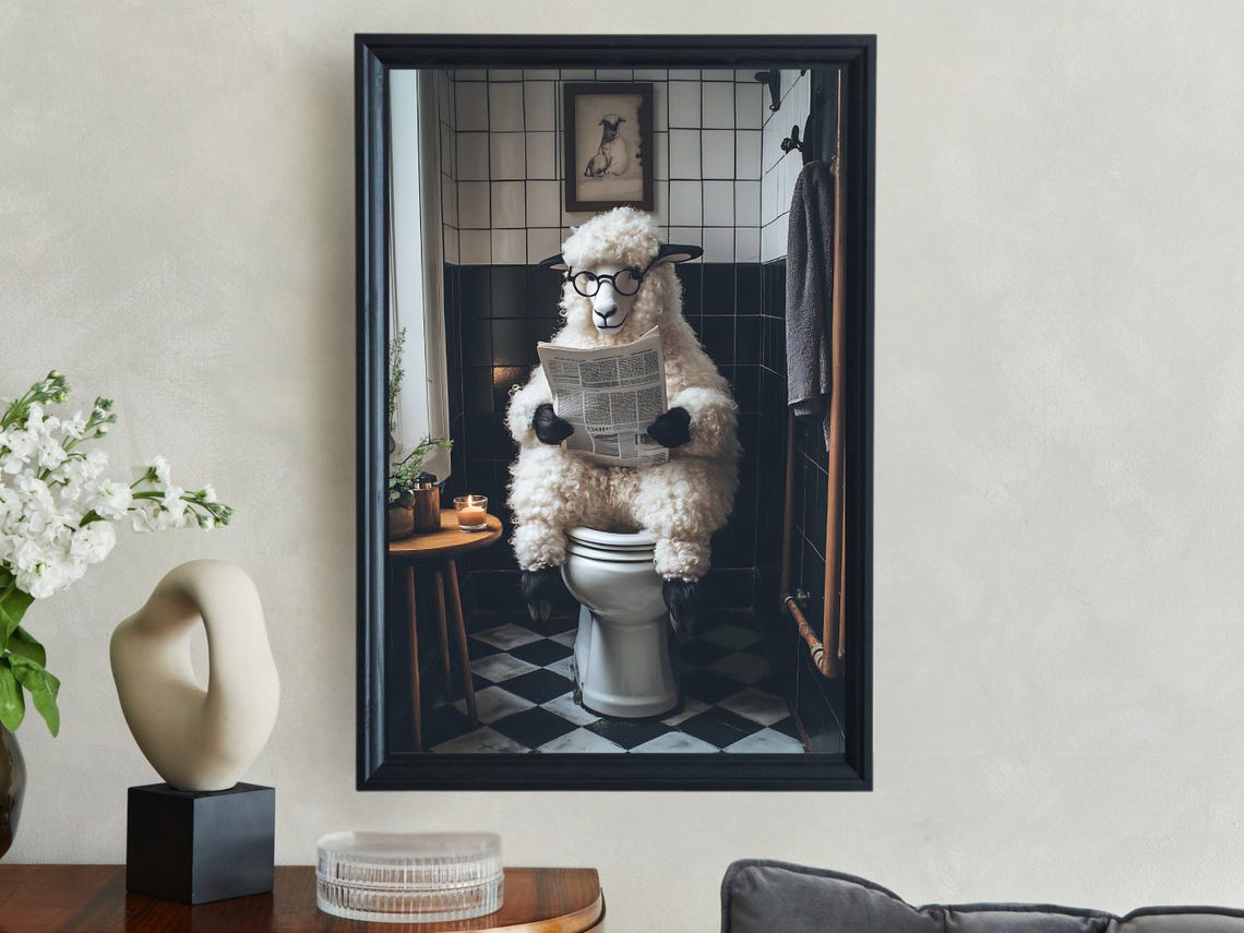 Sheep Wearing Glasses Reading the Newspaper While on the Toilet Poster - Image 2