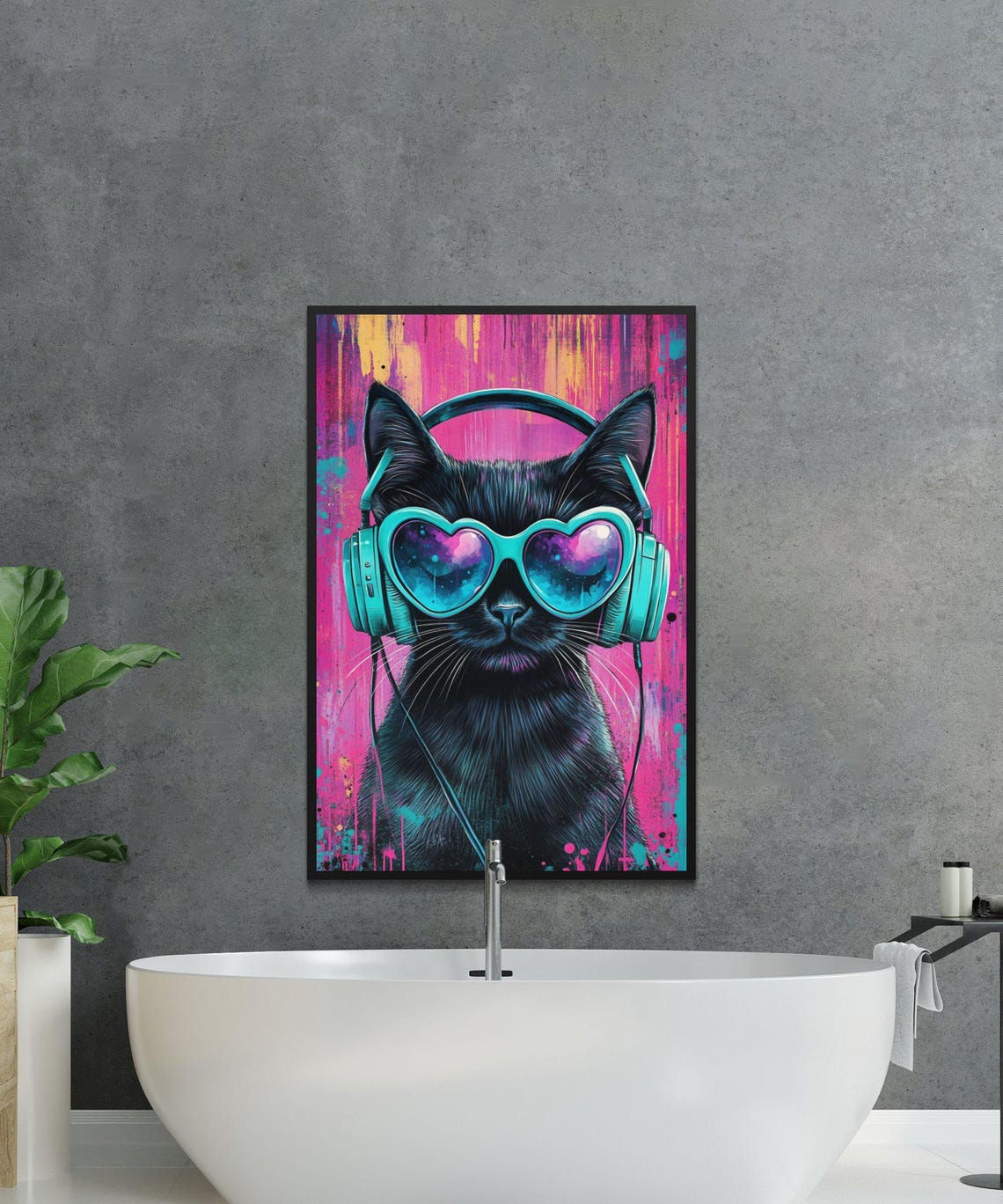 Black Cat with Headphones and Heart Sunglasses Neon Pop Art Poster - Image 3