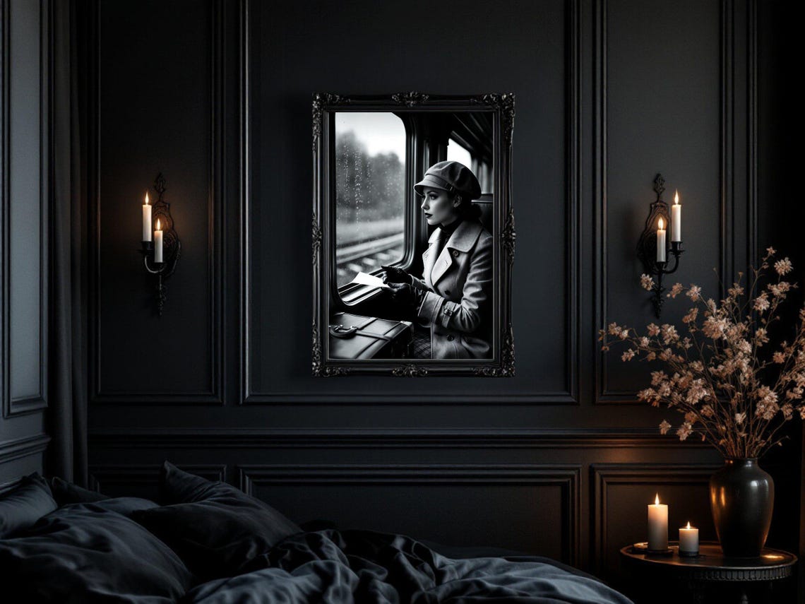 Woman in Hat on Rainy Train with Letter, Vintage Noir Poster - Image 3