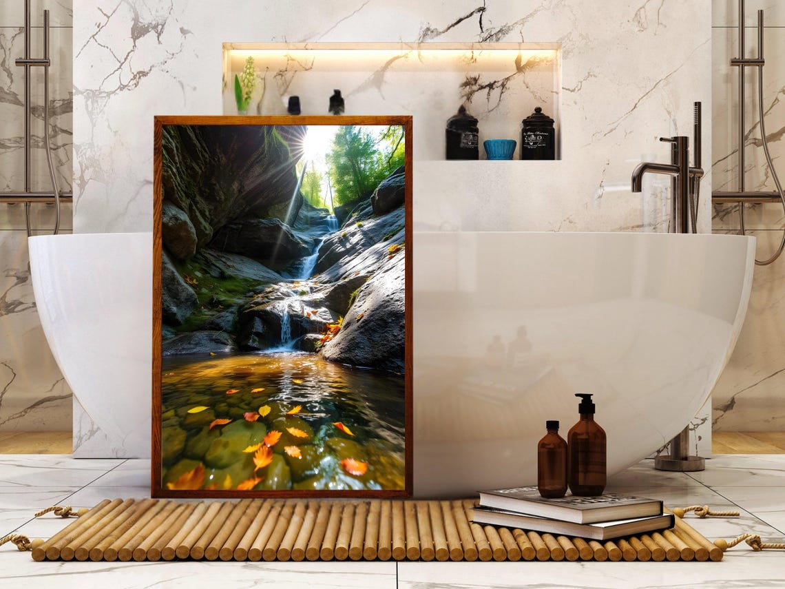 Forest Waterfall With Autumn Leaves Floating in Sunbeams Poster - Image 4