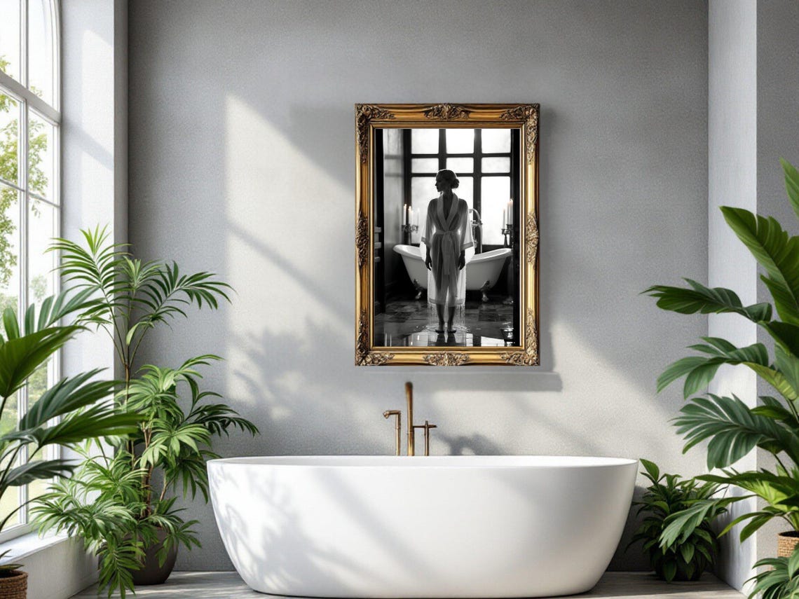 Woman in a Robe Standing in an Elegant Clawfoot Tub Bathroom Poster - Image 3