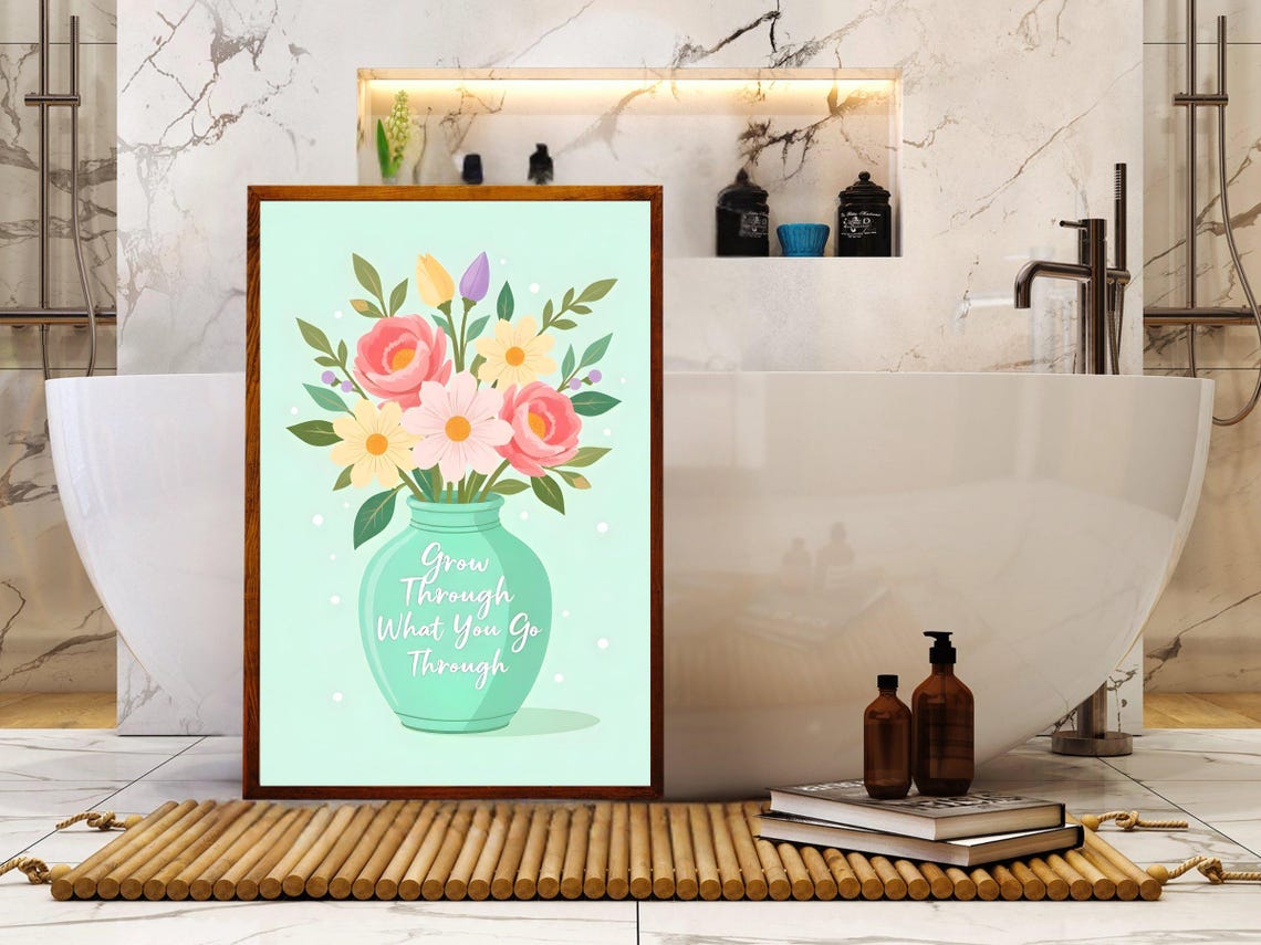 Grow Through What You Go Through Floral Vase Mint Quote Poster - Image 2