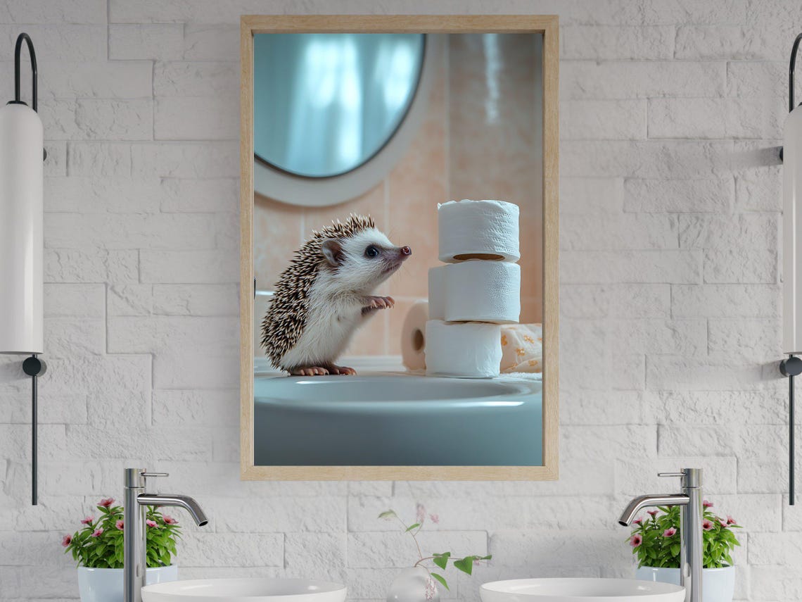 Curious Hedgehog on a Bathroom Sink Beside Toilet Paper Rolls Poster
