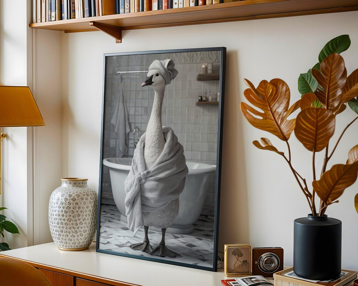 White Swan Wrapped in a Towel and Towel Turban Beside a Tub Poster - Image 4