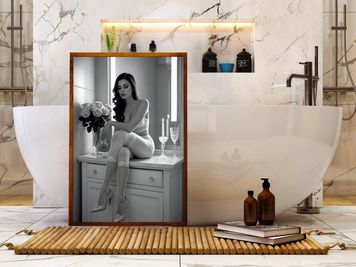 Woman in Lace Lingerie Sitting on a Bathroom Vanity at Night Poster - Image 5