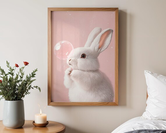 White Bunny Blowing Crystal Clear Bubble on Pink Sky Art Poster