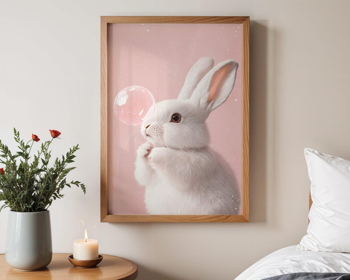 White Bunny Blowing Crystal Clear Bubble on Pink Sky Art Poster
