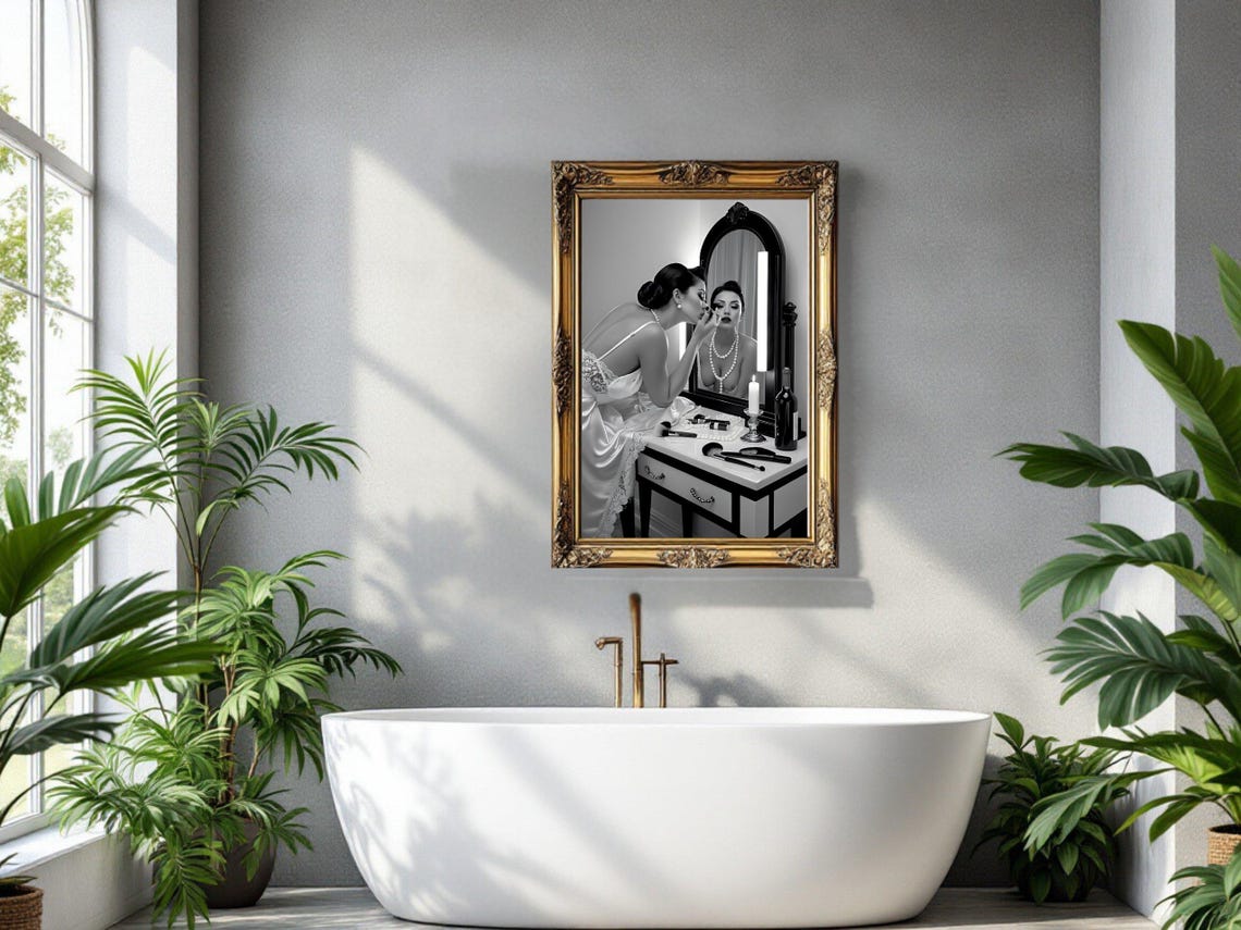 Woman Applying Makeup at a Vanity Mirror in Black and White Poster - Image 3