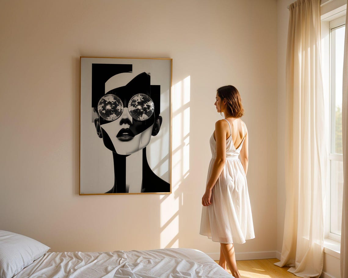 Abstract Woman With Disco Ball Eyes Black White Pop Art Poster - Image 5