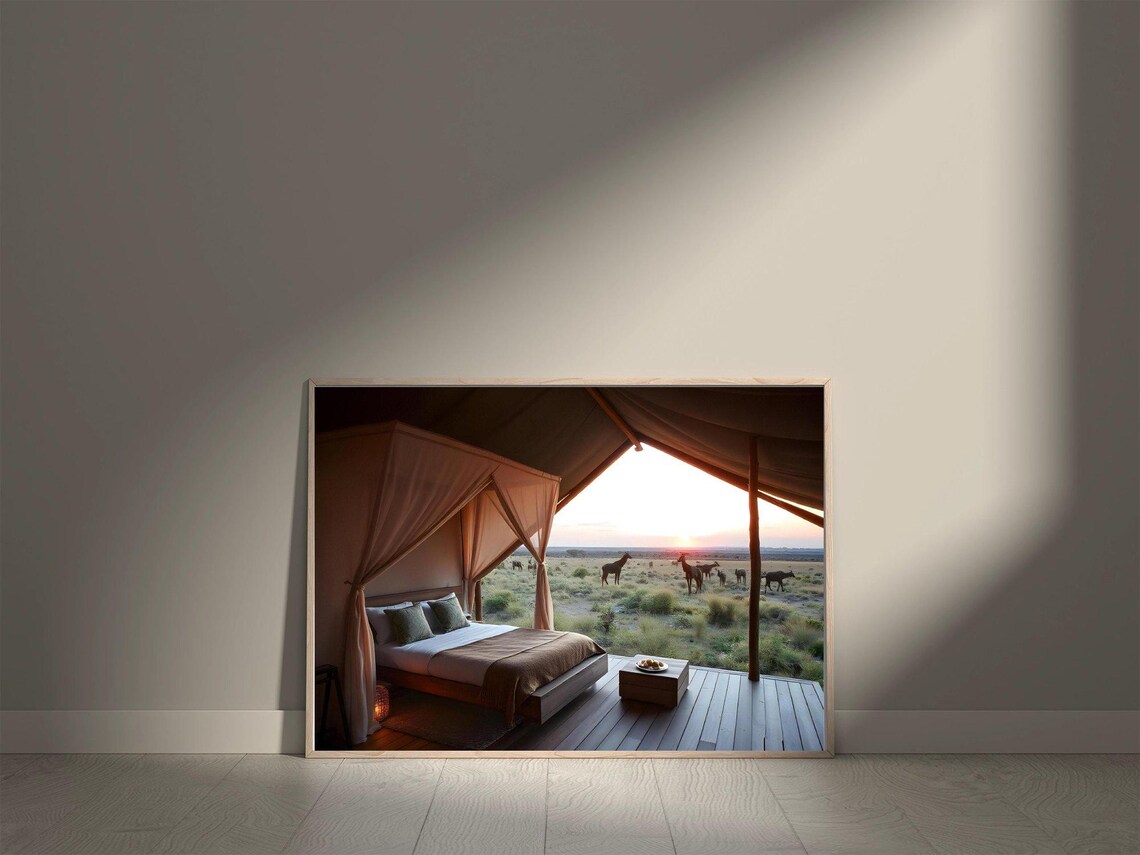 Safari Tent Bedroom Overlooking Giraffes on the Savanna at Sunset Poster - Image 5