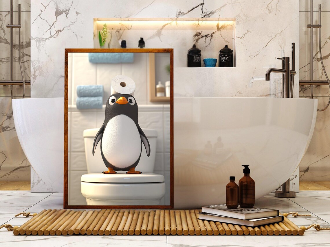 Cute Cartoon Penguin Sitting on Toilet With Toilet Paper Hat Poster - Image 5