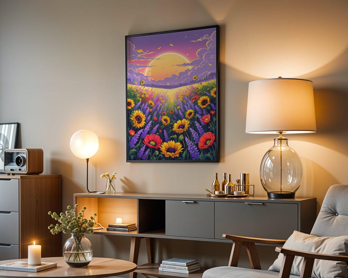 Sunset Over A Wildflower Meadow With Sunflowers And Lavender Poster - Image 3