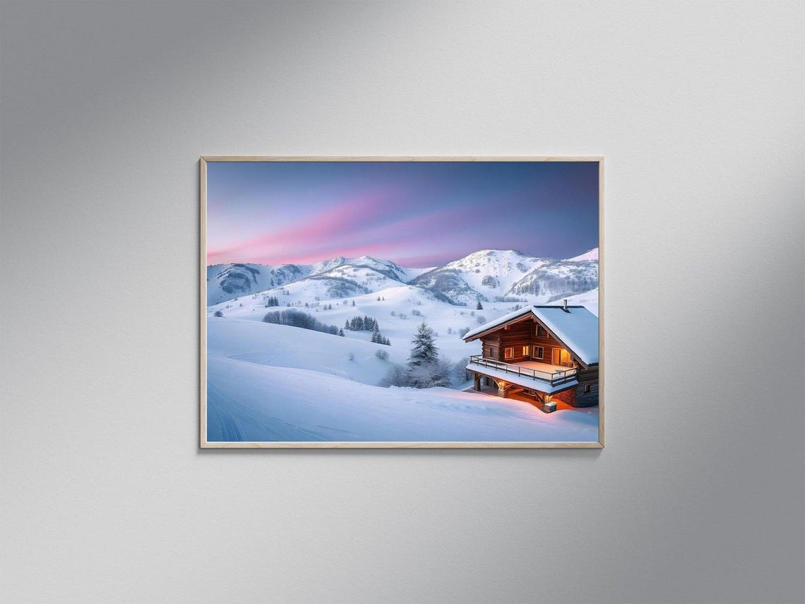 Cozy Wooden Chalet in Snowy Mountains Under a Pink Dusk Sky Poster
