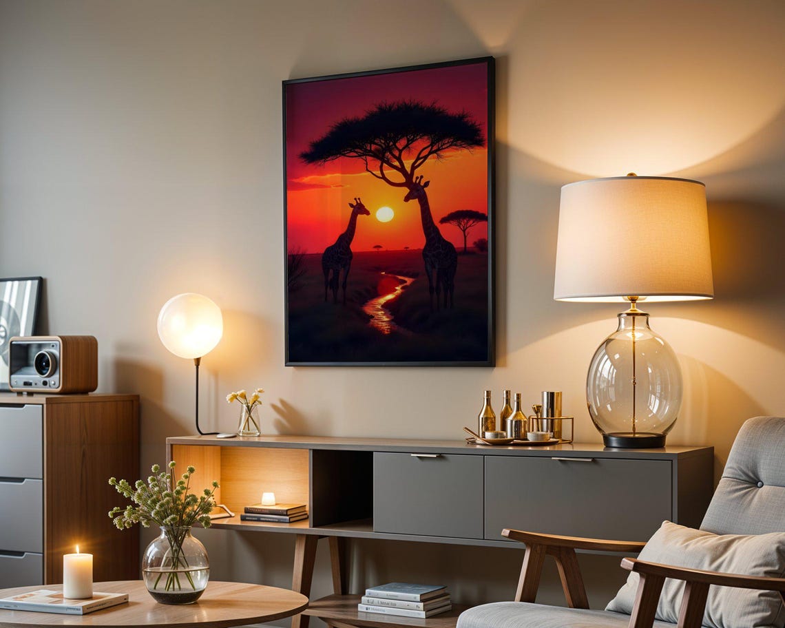 Giraffes Under Acacia Tree at Blazing African Red Sunset Poster - Image 5