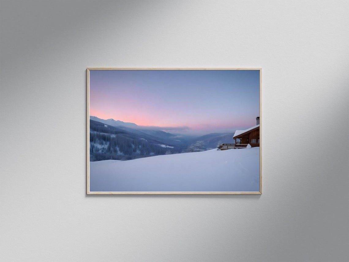 Cozy Snowy Mountain Cabin At Pink Sunset Winter Landscape Poster