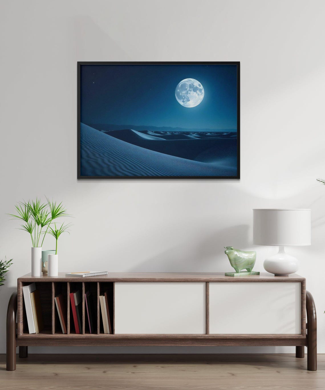 Mystical Full Moon Over Desert Dunes Wall Art Tranquil Blue Night Sky Scene Celestial Lunar Landscape Print Home Decor - Image 3