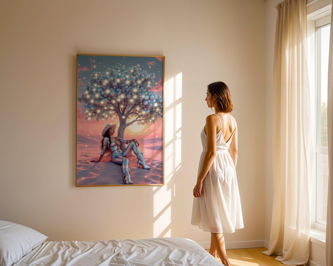 Enchanting Surreal Desert Landscape Woman Under Illuminated Tree Wall Art Print Sunset Fantasy Sparkle Decor Home - Image 3