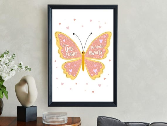 Butterfly Wall Print The World Awaits Take Flight Inspirational Art Preppy Wall Art Cute Butterfly Decor Bedroom Kids Room