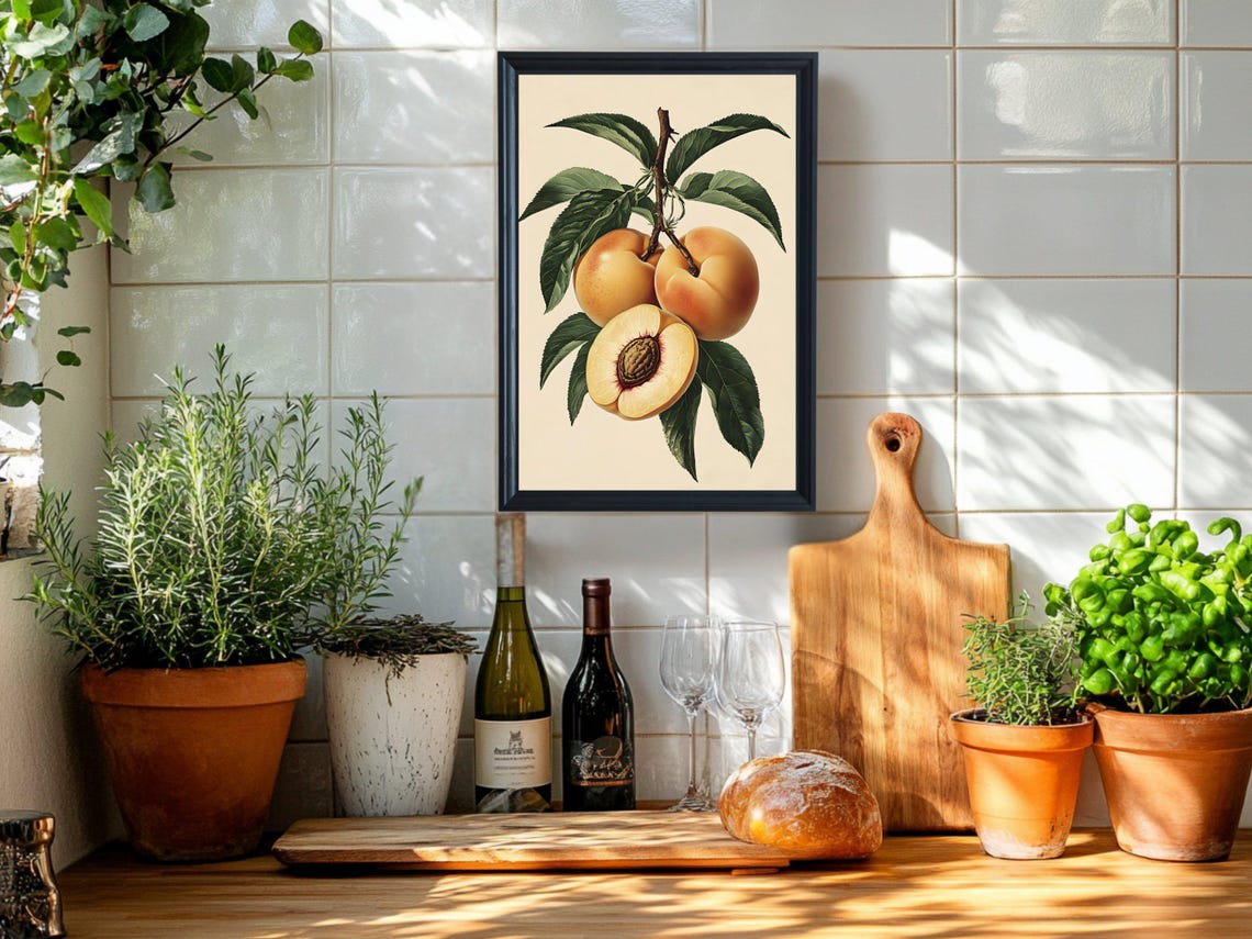 Vintage Peach Branch Botanical Fruit Illustration Kitchen Poster - Image 2