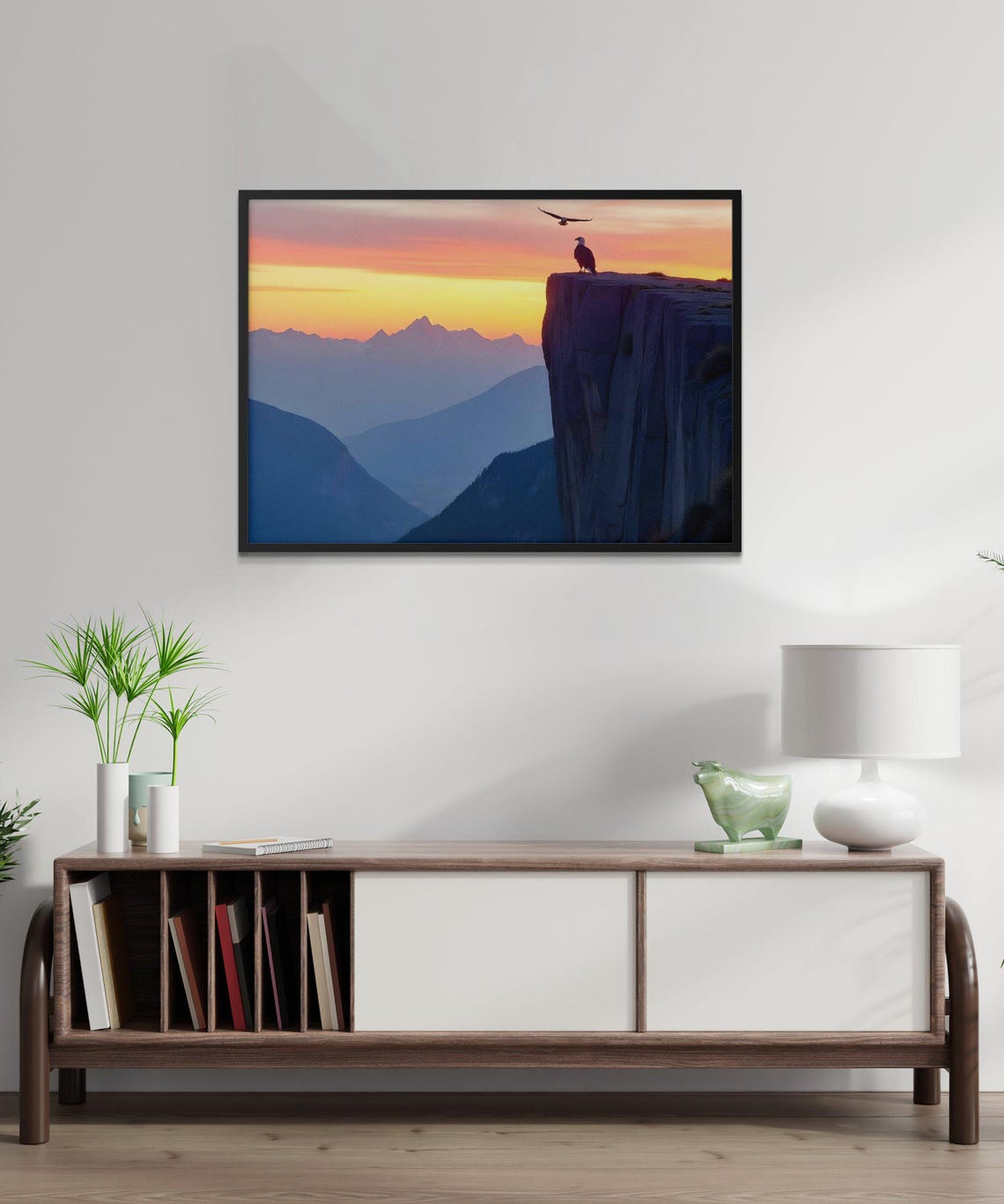 Bald Eagle on a Rocky Cliff Edge Silhouette at Sunset Mountains Poster - Image 3
