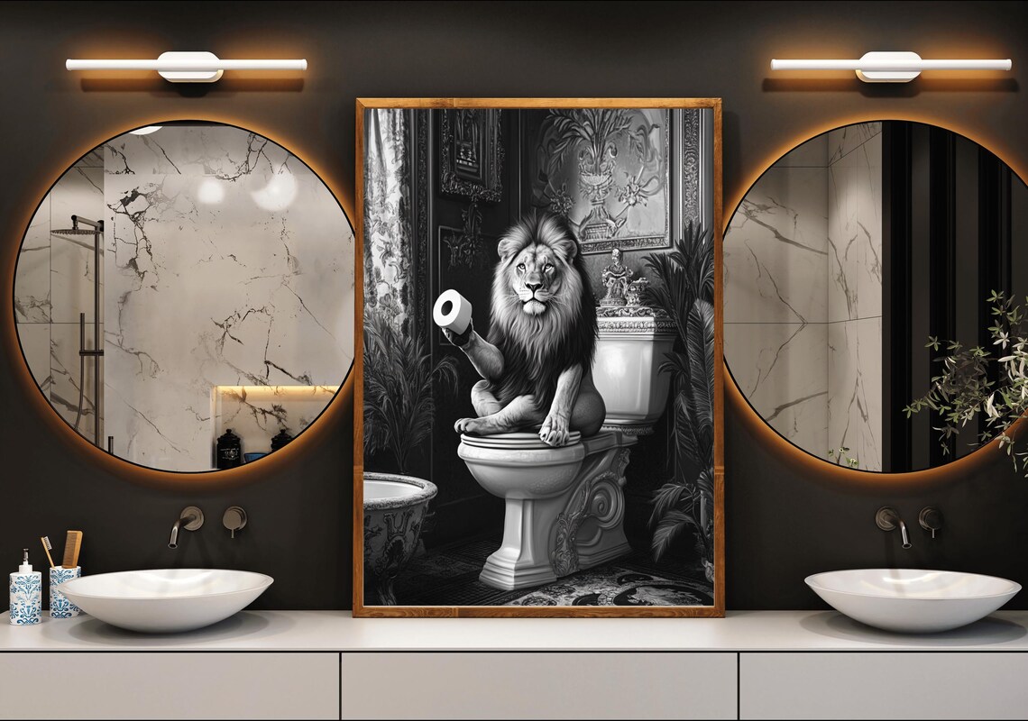 Lion Sitting On A Toilet Holding A Toilet Paper Roll Black White Poster - Image 3