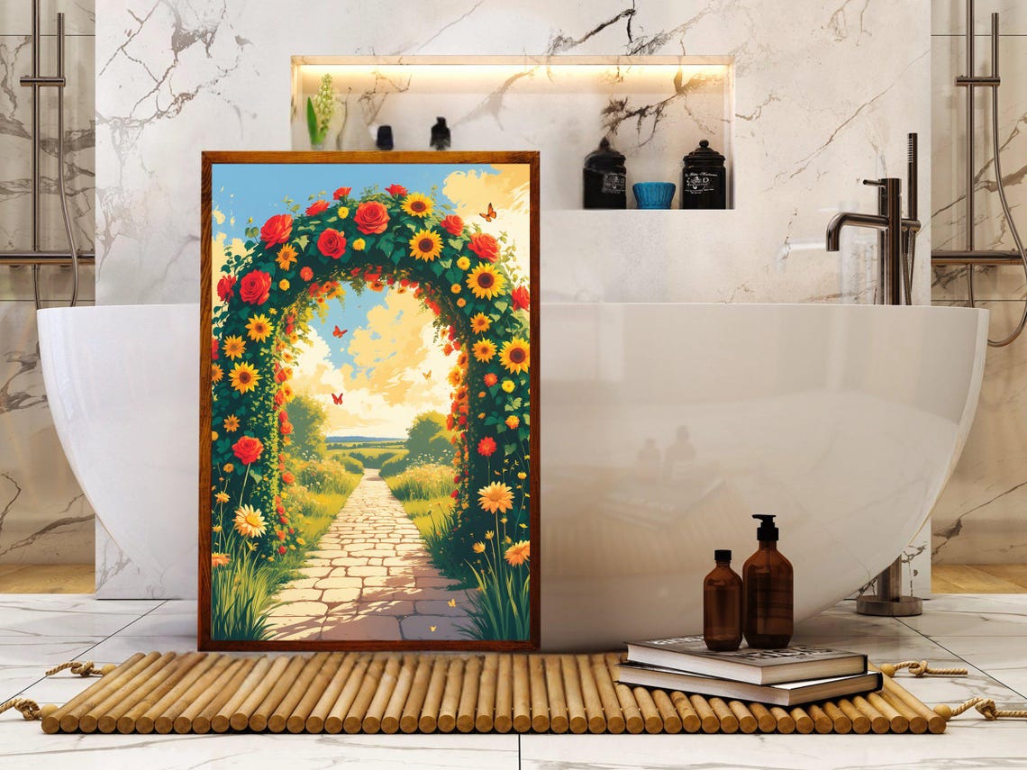 Sunflower And Red Rose Arch Over Sunlit Garden Stone Path Poster - Image 5