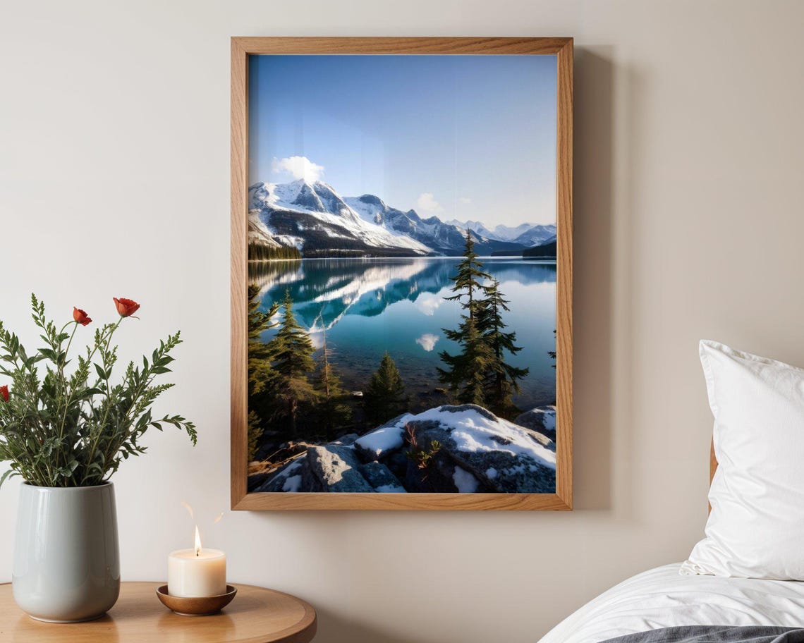 Snow-Capped Mountain Peak Reflected in a Still Alpine Lake Poster
