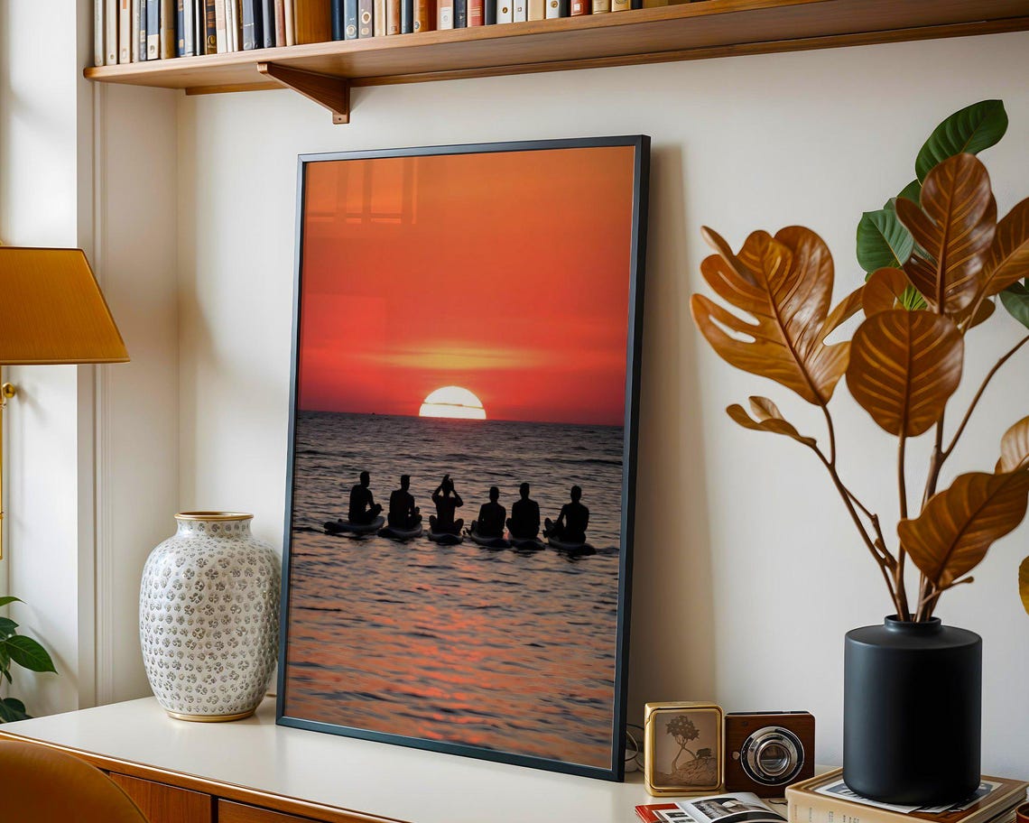 Sunset Ocean Surfing Silhouettes Group Paddle Board Photo Poster - Image 3