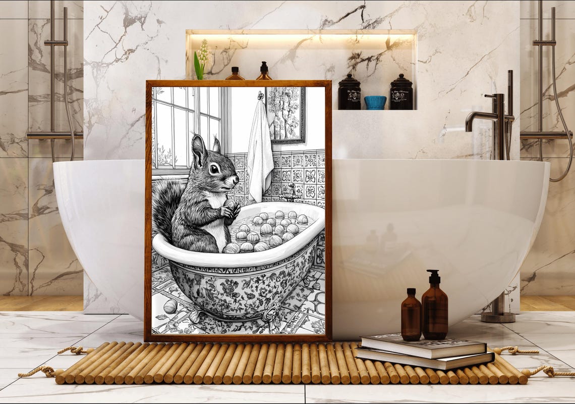 Squirrel In Vintage Bathtub Black And White Animal Art Poster - Image 5