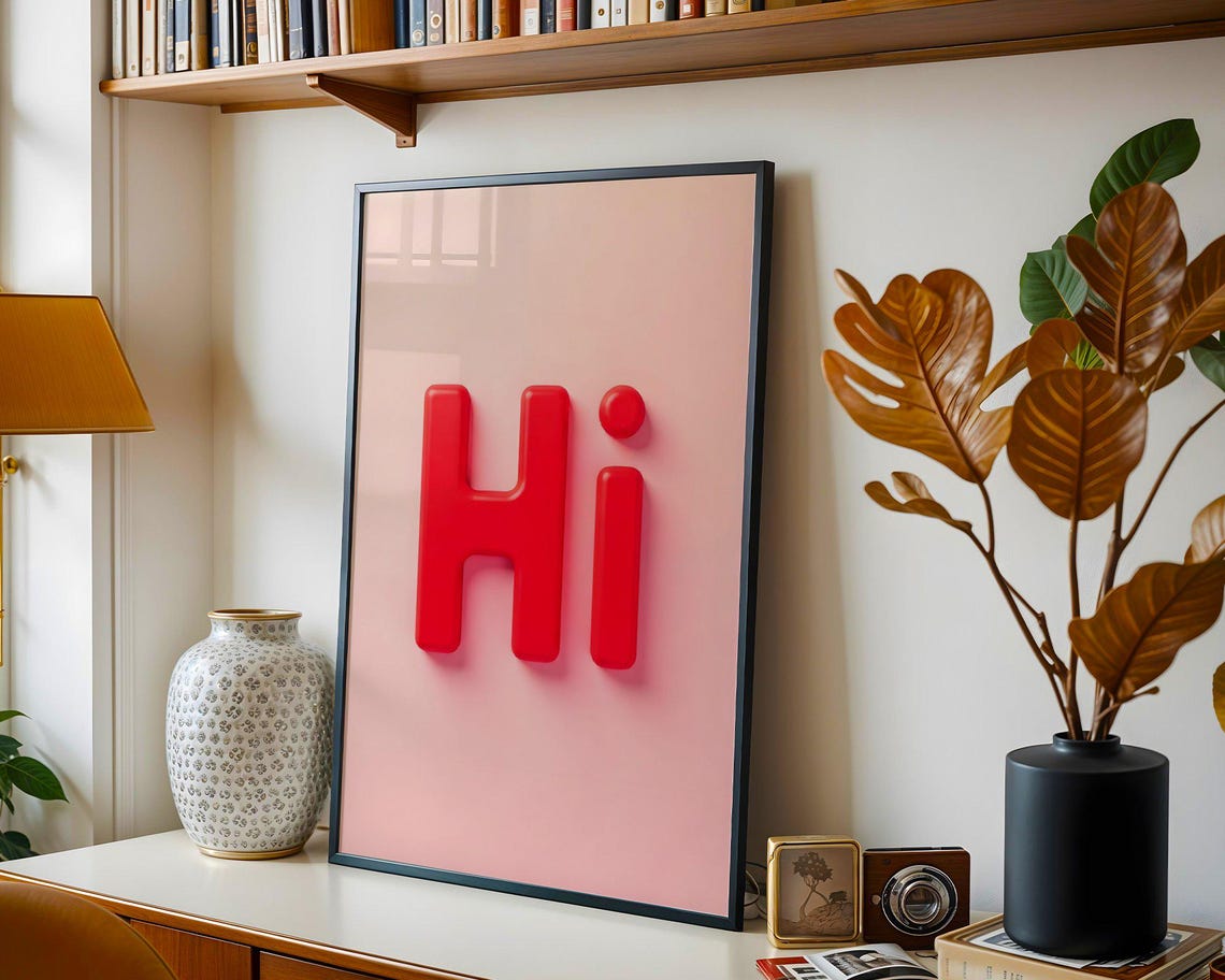 Bold Red Hi 3D Typography on Pink Minimalist Greeting Wall Art - Image 5