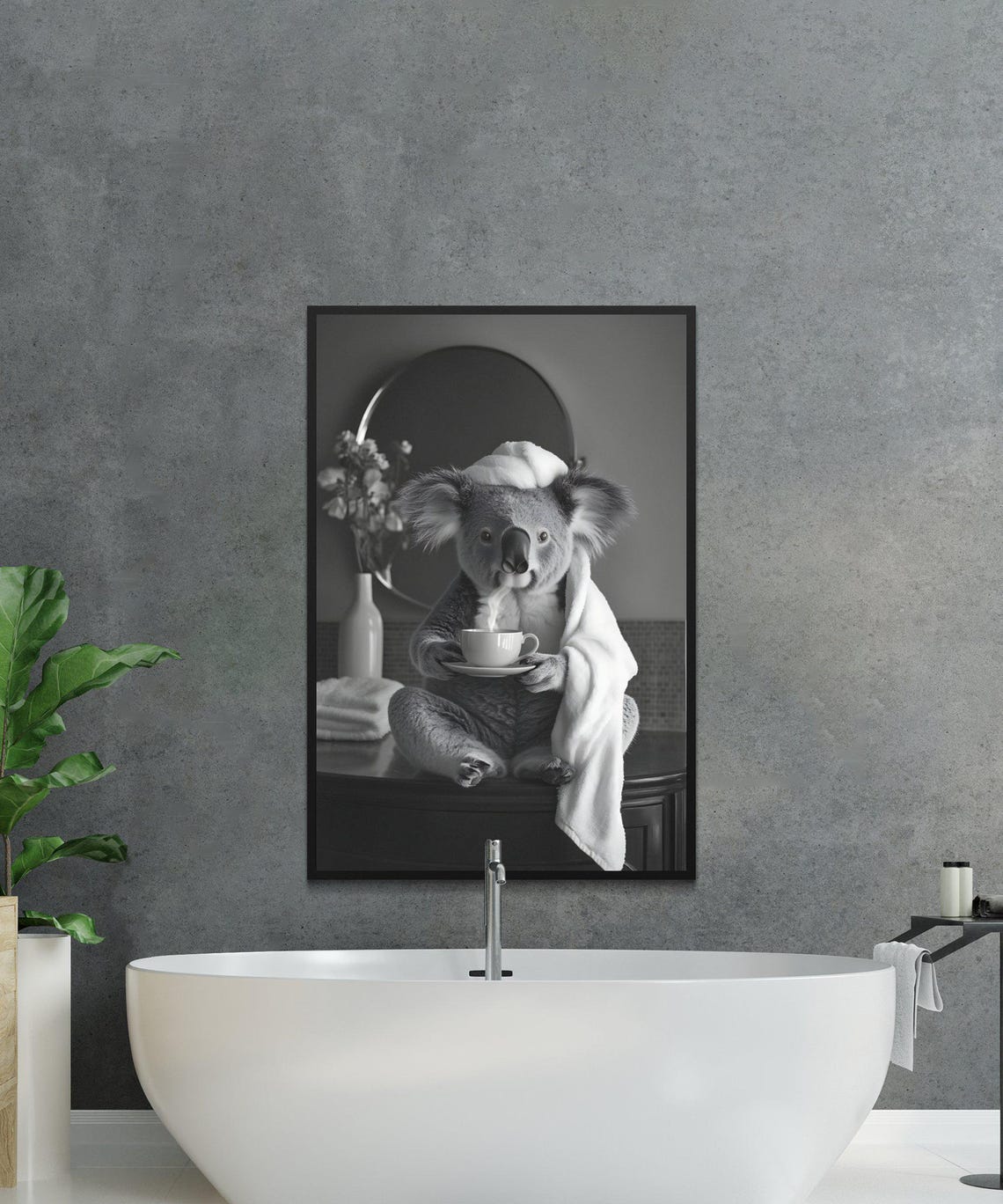 Koala Wrapped In Towel Drinking Coffee Black And White Poster - Image 2